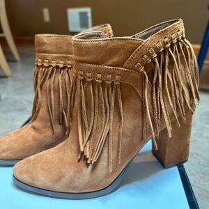 Nine West Tan Suede Fringe Block Heel Booties
